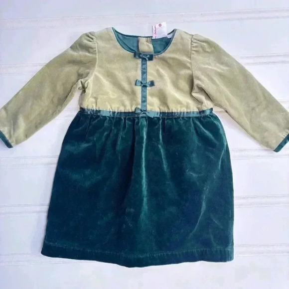 Hanna Andersson Girls Dress size 80 Holiday Green Velvet color block bow 18-24M - Picture 1 of 6